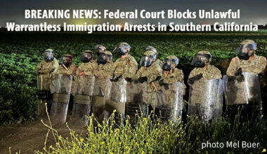 A photo of armed homeland Security at the edge of a field with the text overlay: Breaking: Federal Court Blocks Unlawful Warrantless Immigration Arrests in Southern California