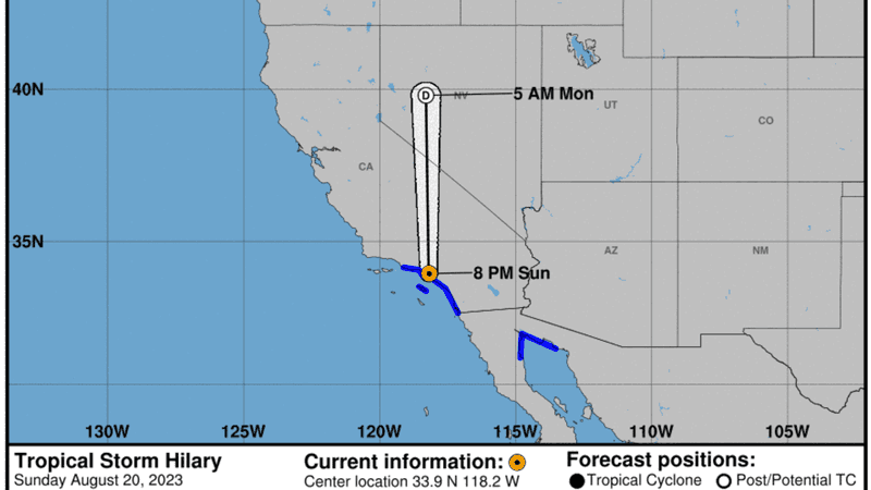 Advisory from the NHC showing Tropical Storm Hilary centered over LA on 8/20/23.