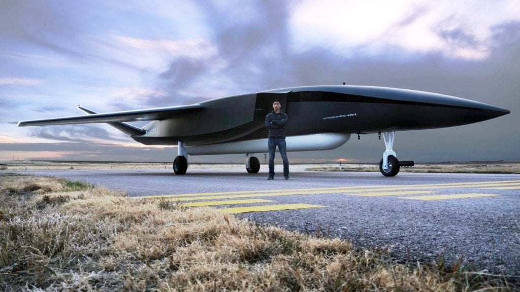 The Aevum RAVN X at its December 2020 rollout with a person standing alongside for scale