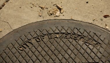 A manhole cover inscribed with "City of Bakersfield" on a concrete surface with scattered leaves and debris.