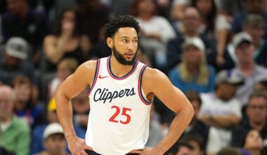 Los Angeles Clippers guard Ben Simmons stands with hands on hips during a game at Golden 1 Center.
