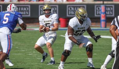 DALLAS, TX - SEPTEMBER 12: UC Davis Aggies quarterback Treynor Cleeland (5) drops back to pass during the game between SMU and UC-Davis on September 12, 2026 at Gerald J. Ford Stadium in Dallas, TX. (Photo by George Walker/Icon Sportswire via Getty Images)