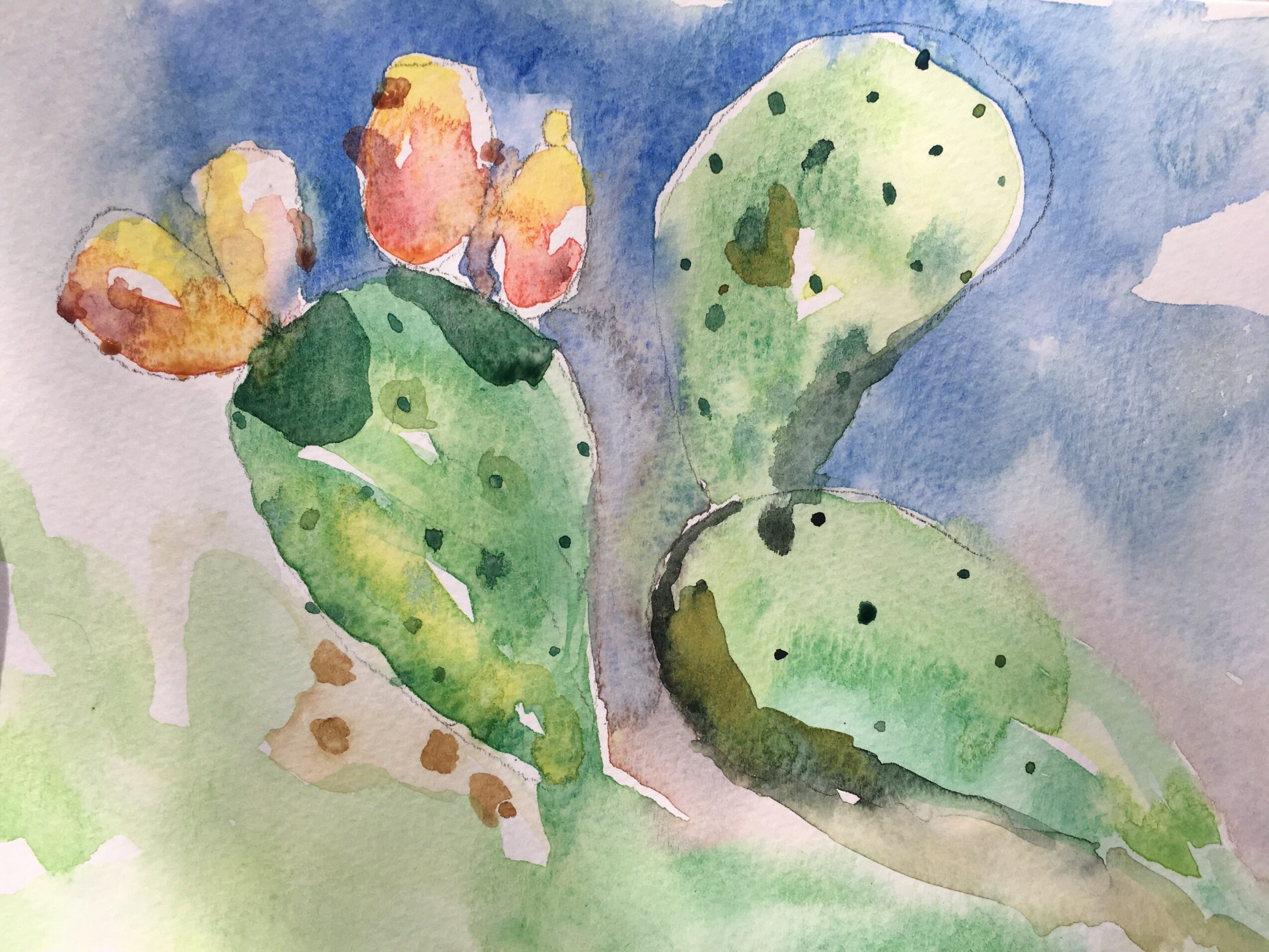 Watercolor painting of cactus pads with small orange flowers against a blue sky background.