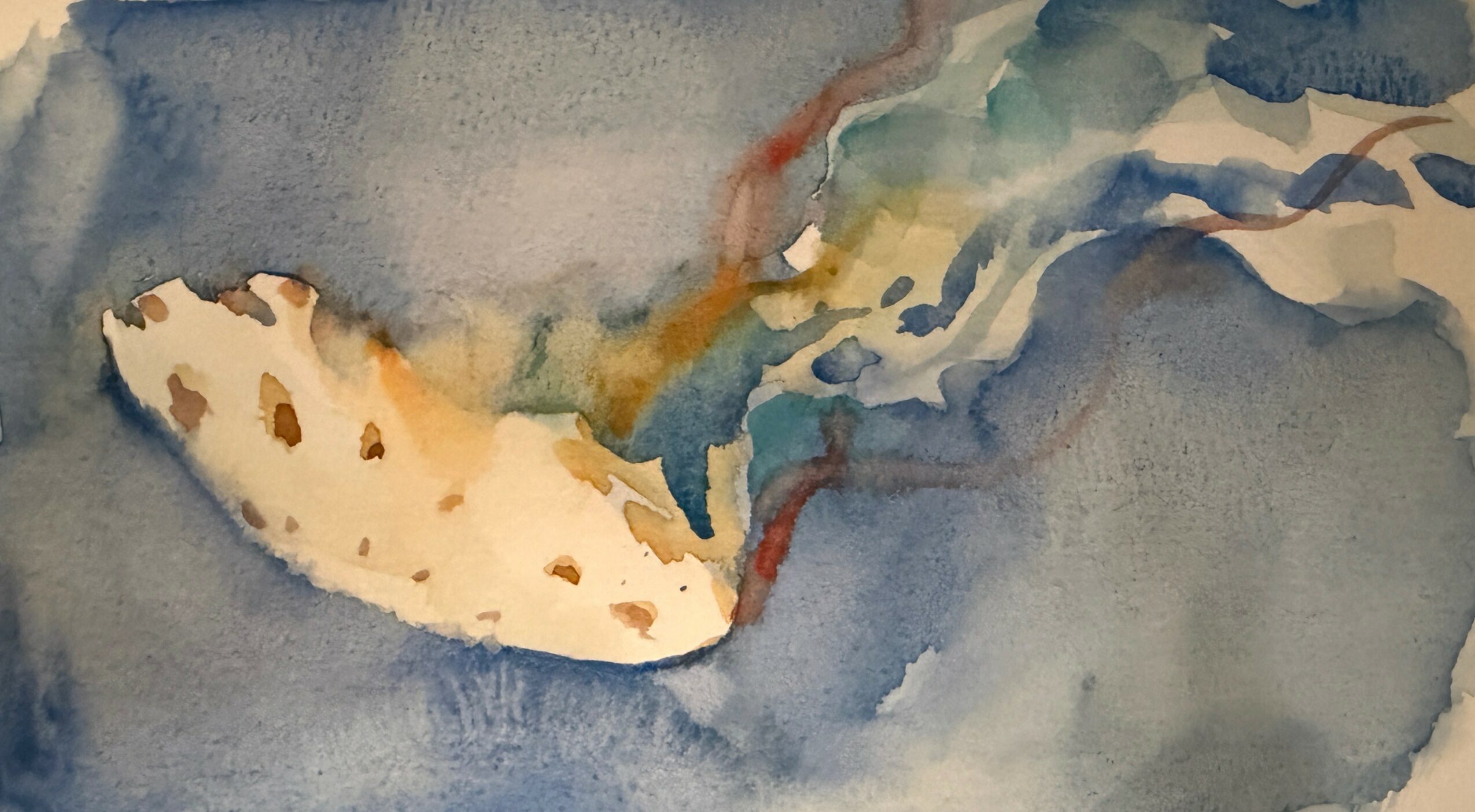 Abstract watercolor painting with blue, green, and brown tones, and a cream-colored shape with brown spots.