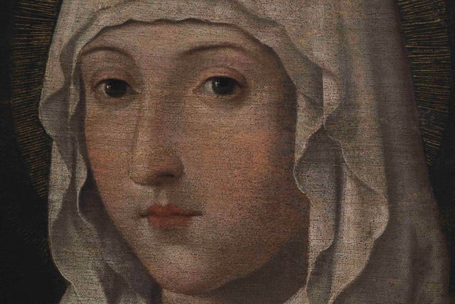 medieval painting of a veiled woman with a gold halo. medieval painting of a veiled woman with a gold halo.