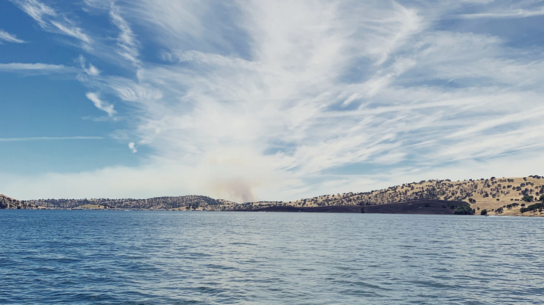 Lake McClure in California, surrounded by tree-studded hills