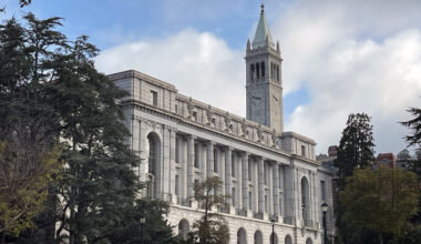 a classic building on the University of California, Berkeley, campus, with the Campanile towering in the background