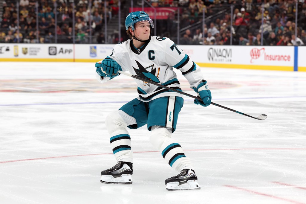 San Jose Sharks center Macklin Celebrini (71) looks on during the second period of a preseason game against the Vegas Golden Knights at T-Mobile Arena in Las Vegas, Nevada, Saturday, Sept. 26, 2026.