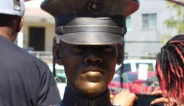A bust by sculptor Dana King at Tyrone Carney Park in the Sobrante Park neighborhood of East Oakland honors U.S. Marine Corps PFC Tyrone Carney who died while serving in Vietnam in 1968. Photo Courtesy of OBL.