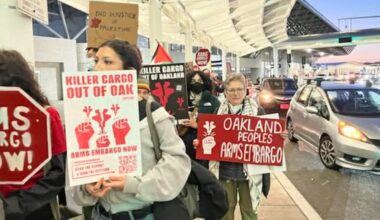 Demonstrators protest against arms shipments to Israel from Oakland International Airport. Photo courtesy of Palestinian Youth Movement.