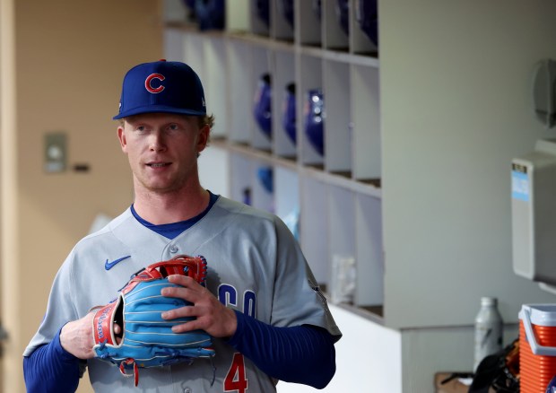 The Cubs Pete Crow-Armstrong (4) before Game 1 of their wild-card series against the Padres on Sept. 29, 2026, in San Diego. (Brian Cassella/Chicago Tribune)