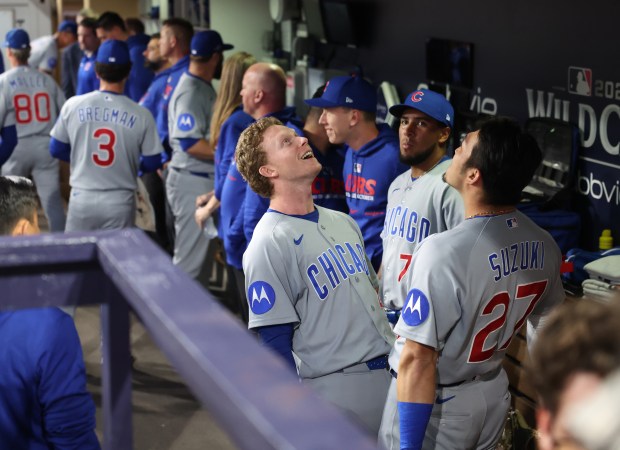 The Cubs Pete Crow-Armstrong (4) and Seiya Suzuki (27) before Game 1 of their wild-card series against the Padres on Sept. 29, 2026, in San Diego. (Brian Cassella/Chicago Tribune)