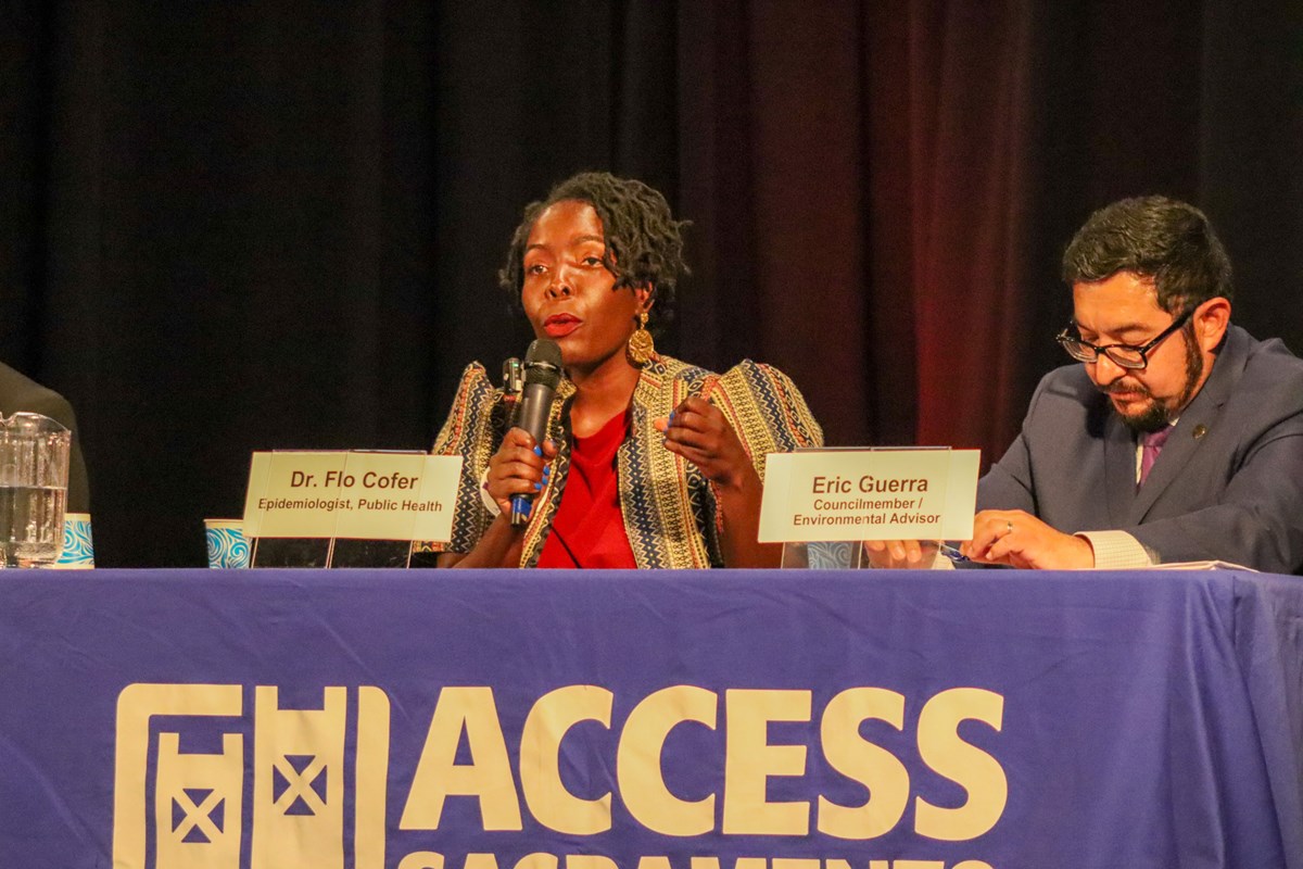 Flojaune Cofer, a public health professional and candidate for Sacramento County Supervisor District 1, speaks during a candidate forum at the Coloma Community Center in Sacramento on April 9, 2026.