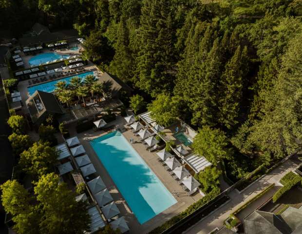 Aerial view of the pool area of Meadowood Napa Valley resort on Jan. 12, 2024. (Wildly Simple Productions)