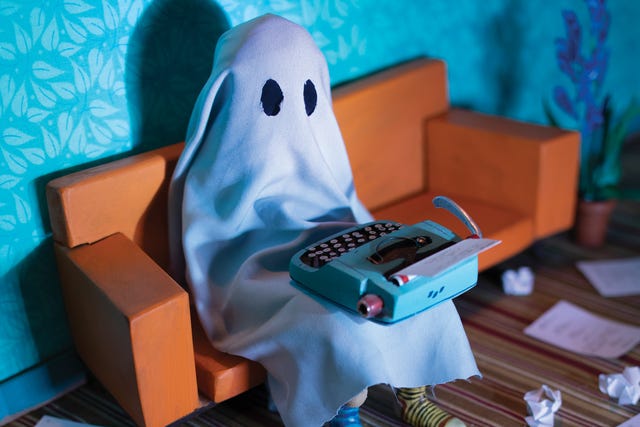 ghost with a sheet using a typewriter on a couch surrounded by papers, illustration for a story about a tv show with no plot ghost with a sheet using a typewriter on a couch surrounded by papers, illustration for a story about a tv show with no plot