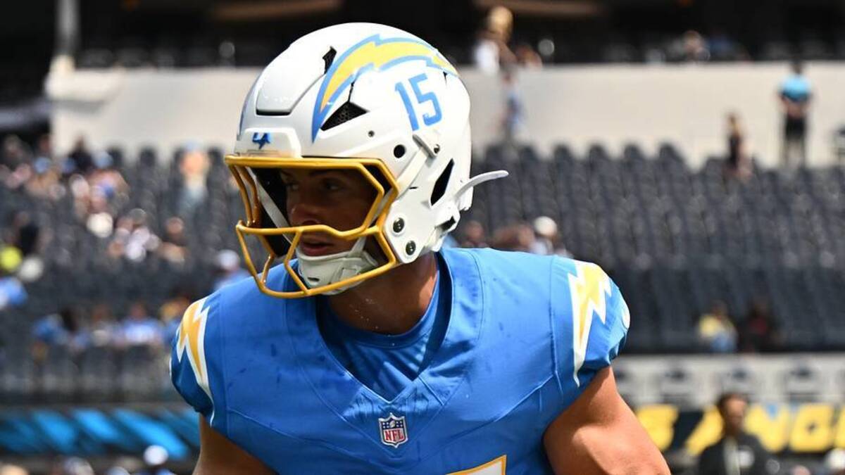  Sep 13, 2026; Inglewood, California, USA; Los Angeles Chargers wide receiver Ladd McConkey (15) warms up prior to a game against the Arizona Cardinals at SoFi Stadium. Mandatory Credit: William Liang-Imagn Images | IMAGN IMAGES via Reuters Connect 