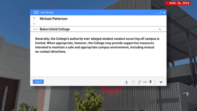 Email response from Bakersfield College to Eyewitness News anchor Michael Patterson regarding an interview request about the allegations against Chavez. (KBAK/KBFX)