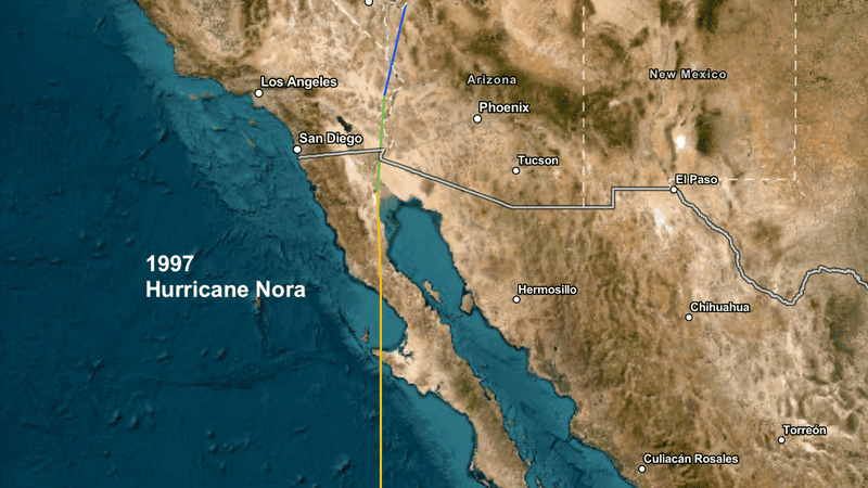 Hurricane Nora brought strong winds to the desert in 1997.