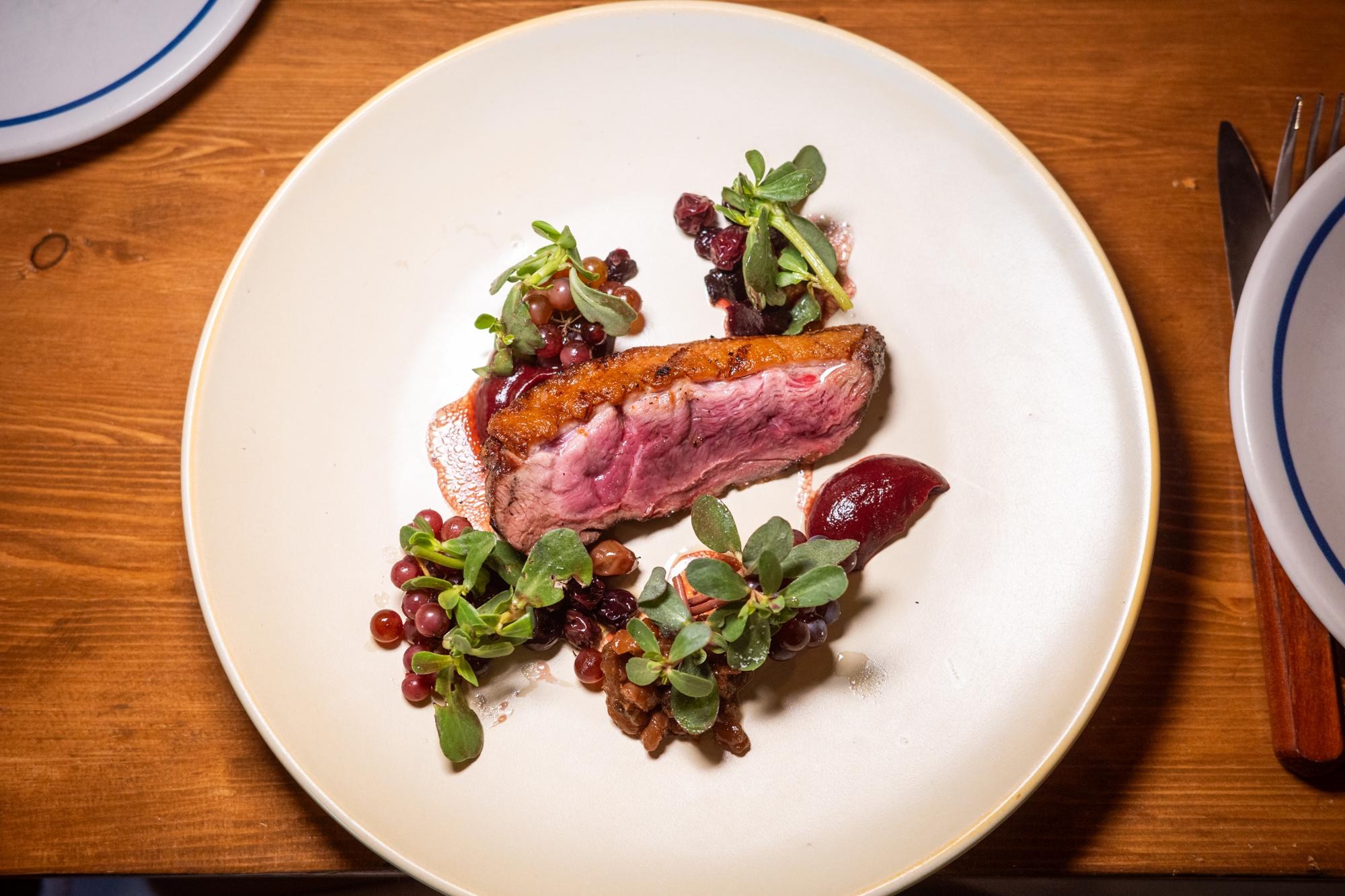Duck breast with Champagne grapes from Electric Bleu.
