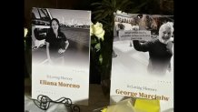 Portraits of Eliana Moreno and George Marciniw are displayed on Thursday, Sept. 17, 2026, in a vigil in Chatsworth.