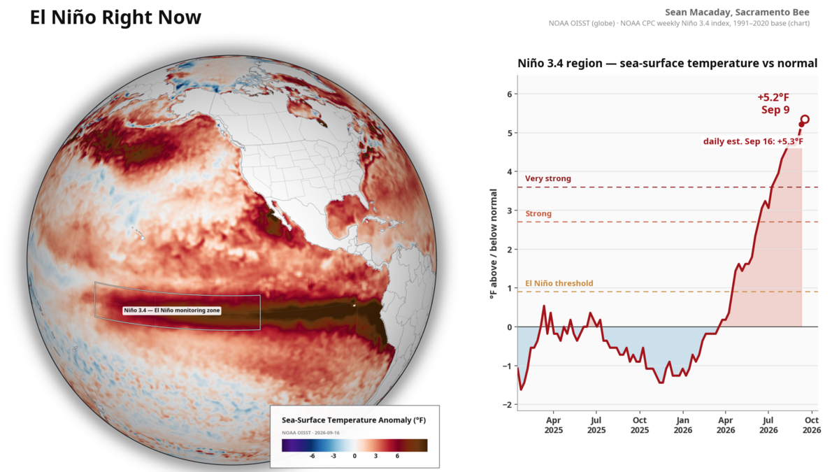El Niño continues to strengthen, with the sea surface temperature anomaly nearing 3 degrees Celsius in the Niño 3.4 monitoring region.