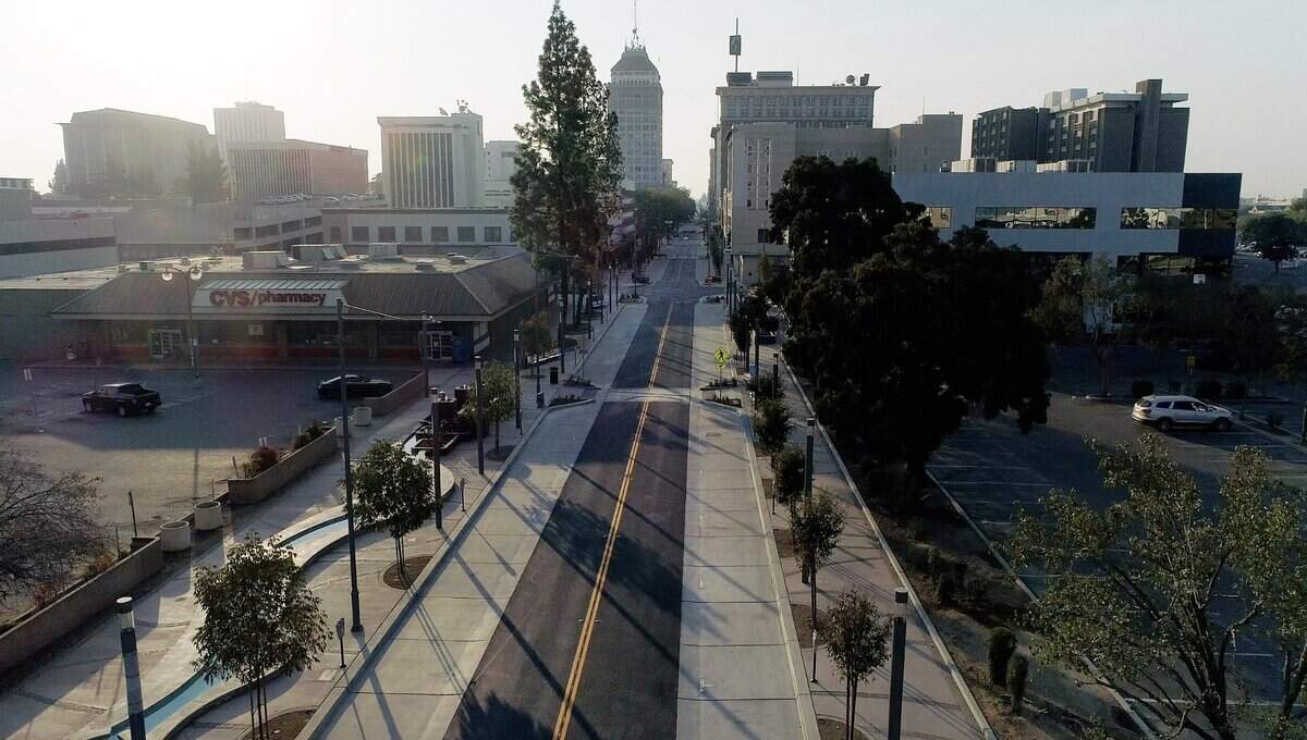 An aerial drone image of downtown Fresno looks south on Fulton Street from Tuolumne Street.