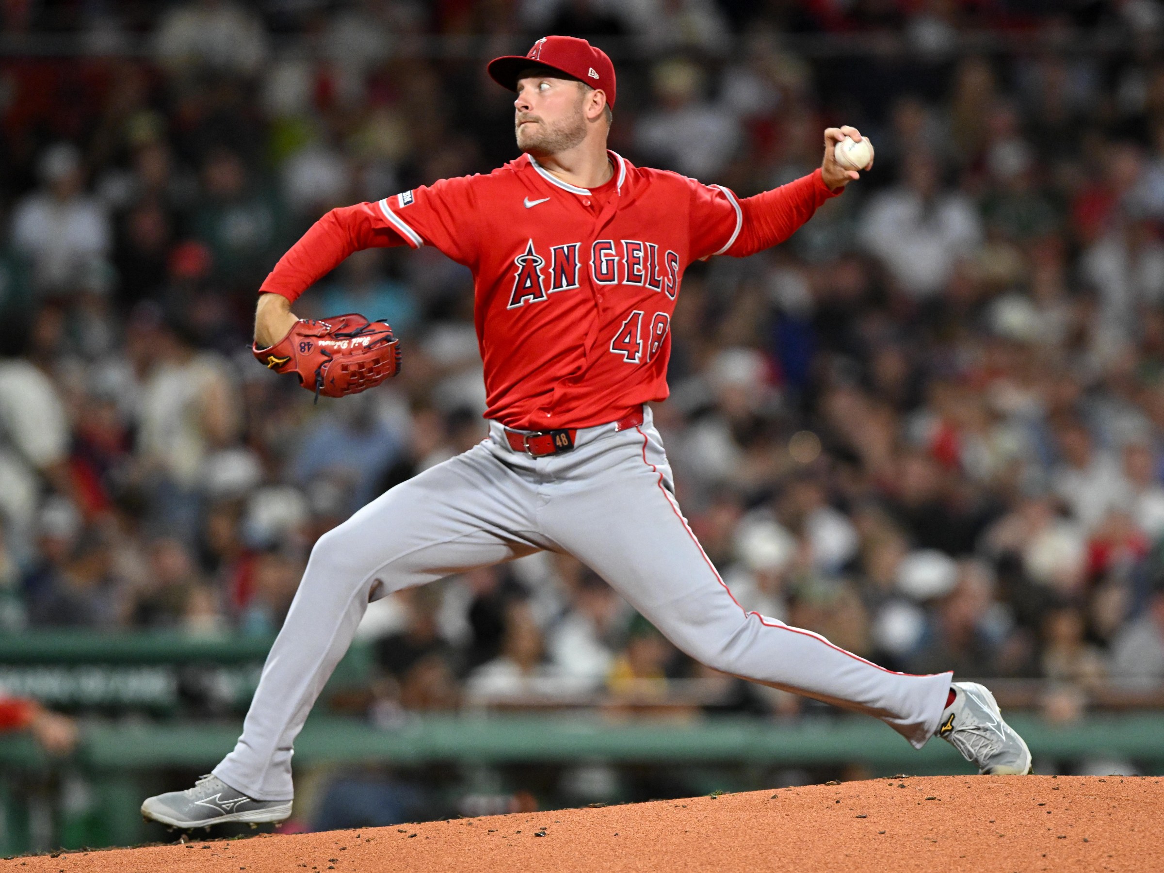 BOSTON, MASSACHUSETTS - SEPTEMBER 08: Reid Detmers #48 of the Los Angeles Angels pitches against the Boston Red Sox during the fifth inning at Fenway Park on September 08, 2026 in Boston, Massachusetts. (Photo by Brian Fluharty/Getty Images)