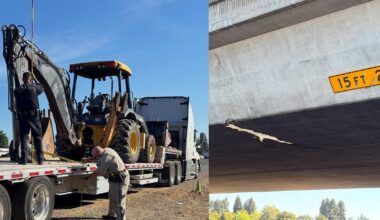 Sacramento overpass damaged by backhoe being hauled on Highway 50