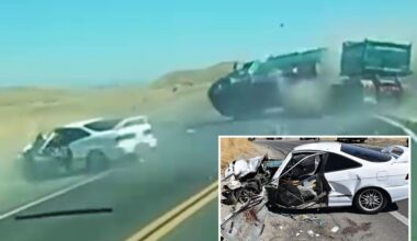 Horrific moment sports car crosses California highway and flips massive truck and trailer
