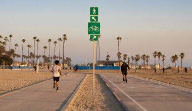 A pedestrian and a person on rollerblades along a beachside walkway with palm trees and signs for walking and biking.
