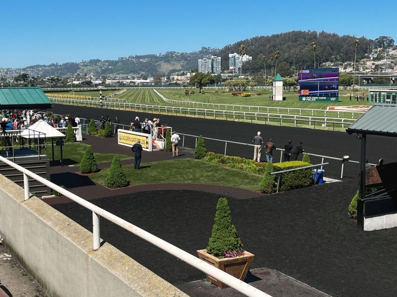 A view of a horse racing track from the grandstand, with the track and infield visible