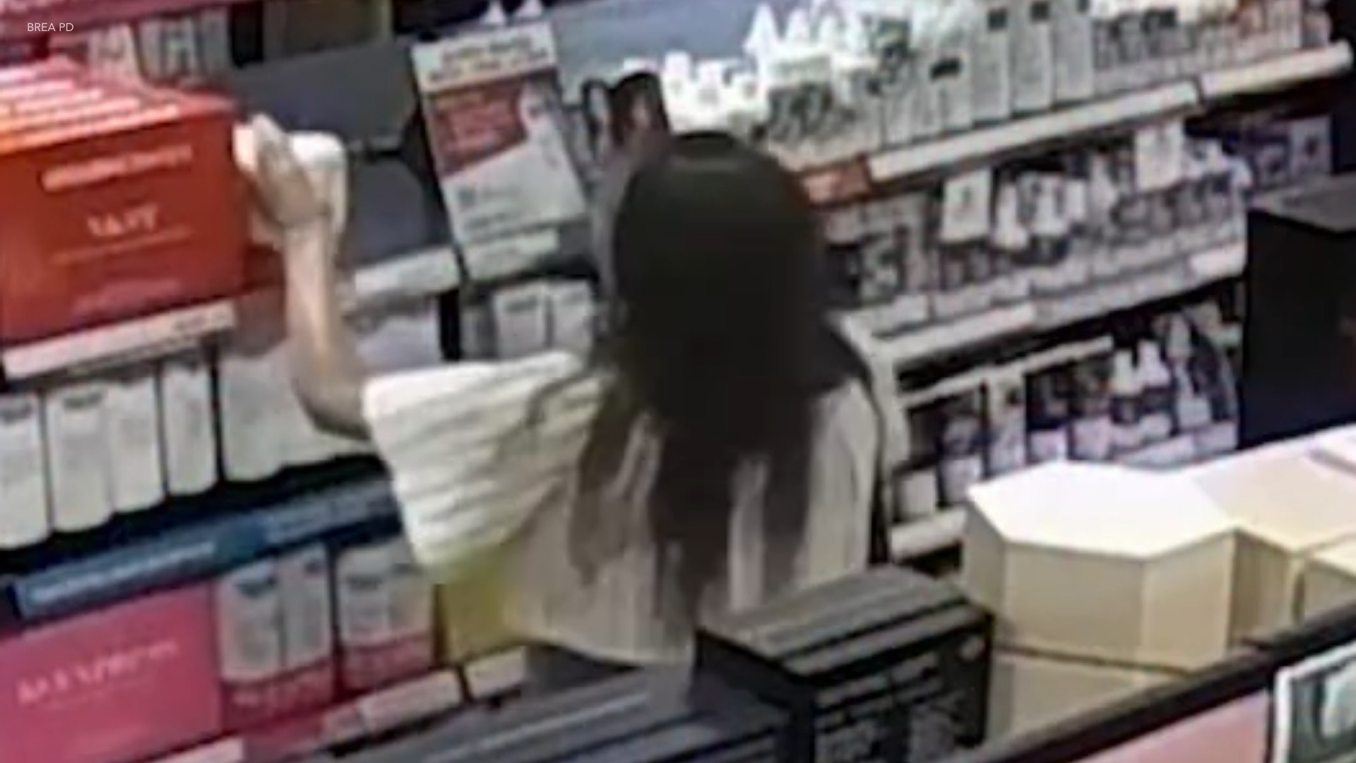 A makeup theft suspect is seen leaving a store in Signal Hill.