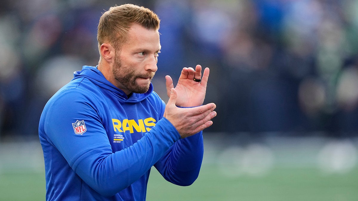 Sean McVay reacts on the sideline as players warm up before the NFC Championship NFL football game against the Seattle Seahawks, Sunday, Jan. 25, 2026, in Seattle.