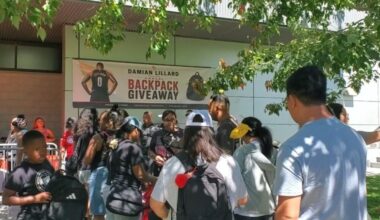 Portland Trail Blazers point guard and Oakland High School alum Damian Lillard hosts back-to-school giveaway at Ira Jinkins Recreation Center in East Oakland. Photo by Carla Thomas.