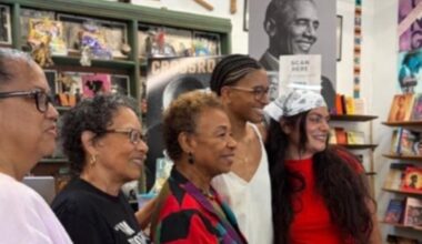 (L.to R.) Cherysse Calhoun and Blanche Richardson of Marcus Books join Oakland Mayor Barbara Lee with Indya McGuffin and Bean Tupou of Storyland Collective inside the store on Sept. 12. Courtesy photo.