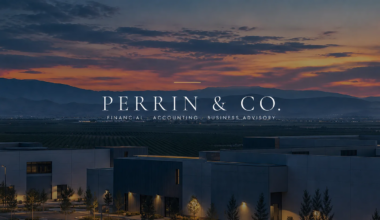Perrin & Co. logo over a Central California business and agricultural landscape at sunset.