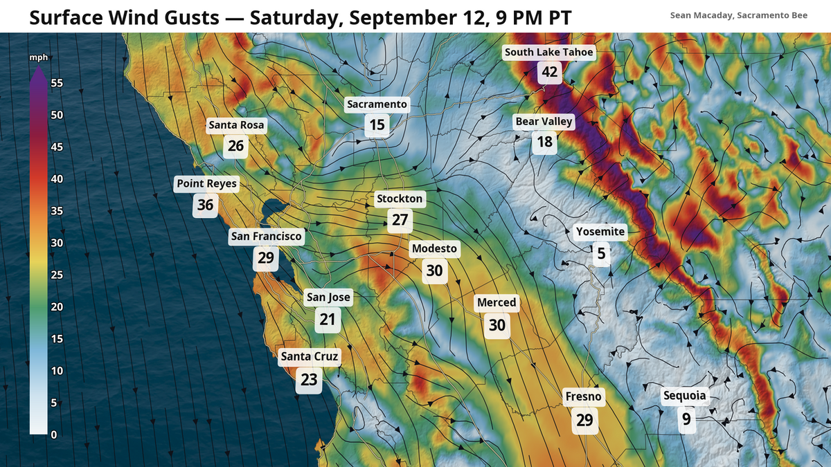 Strong wind gusts Saturday afternoon and evening will pose a risk for spreading fire across the Sacramento Valley and will generally be bothersome along the coast and at elevation. Strong wind gusts Saturday afternoon and evening will pose a risk for spreading fire across the Sacramento Valley and will generally be bothersome along the coast and at elevation.