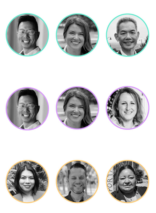 A 3x3 grid of headshots showing six people, some in color and some in black and white, each framed by a colored or gray circular border.