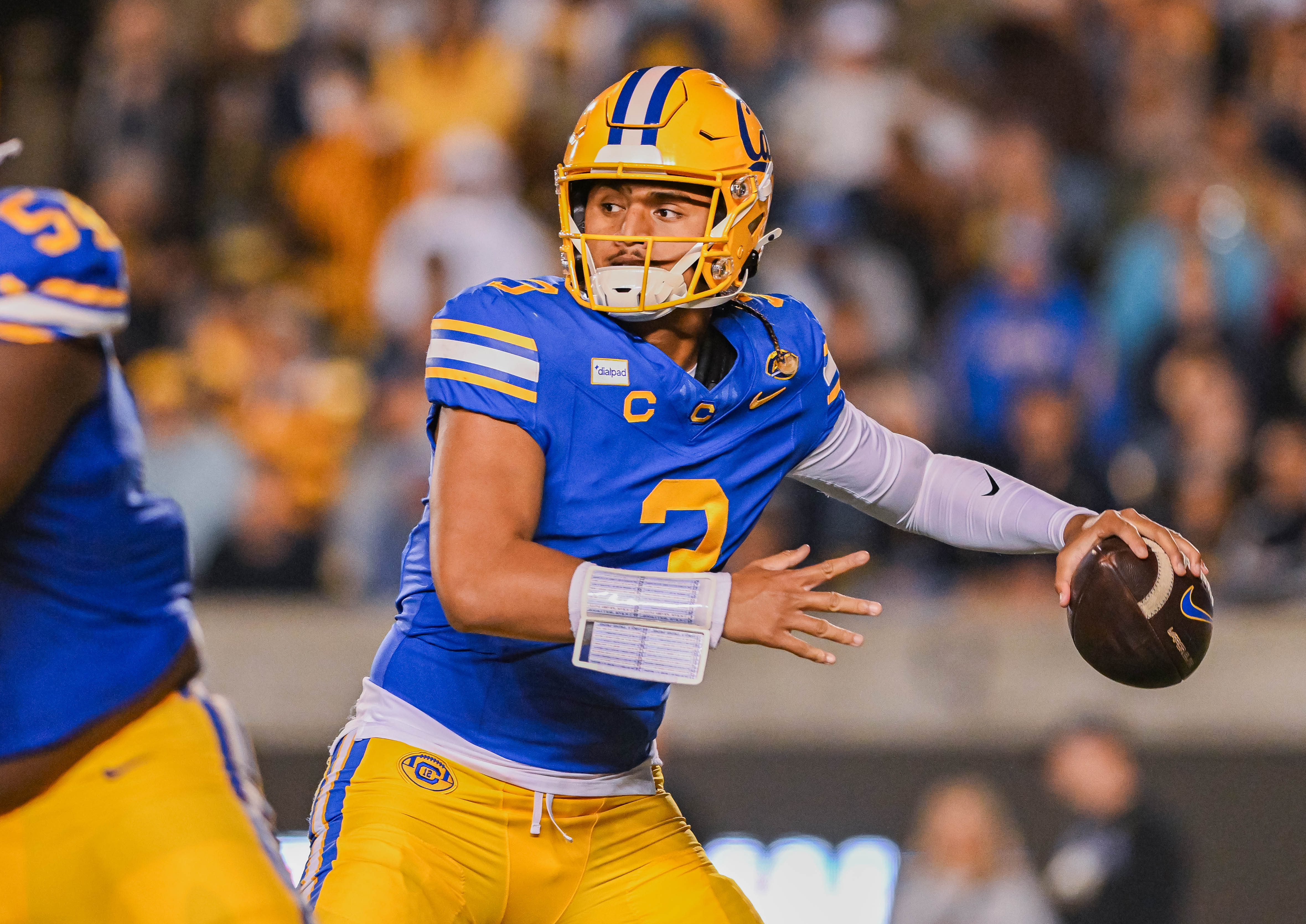 California football sophomore quarterback Jaron-Keawe Sagapolutele begins his throwing motion during the team’s season opener against UCLA on Saturday, Sept. 5, 2026, at California Memorial Stadium. (Presley Liu/Daily Bruin senior staff)