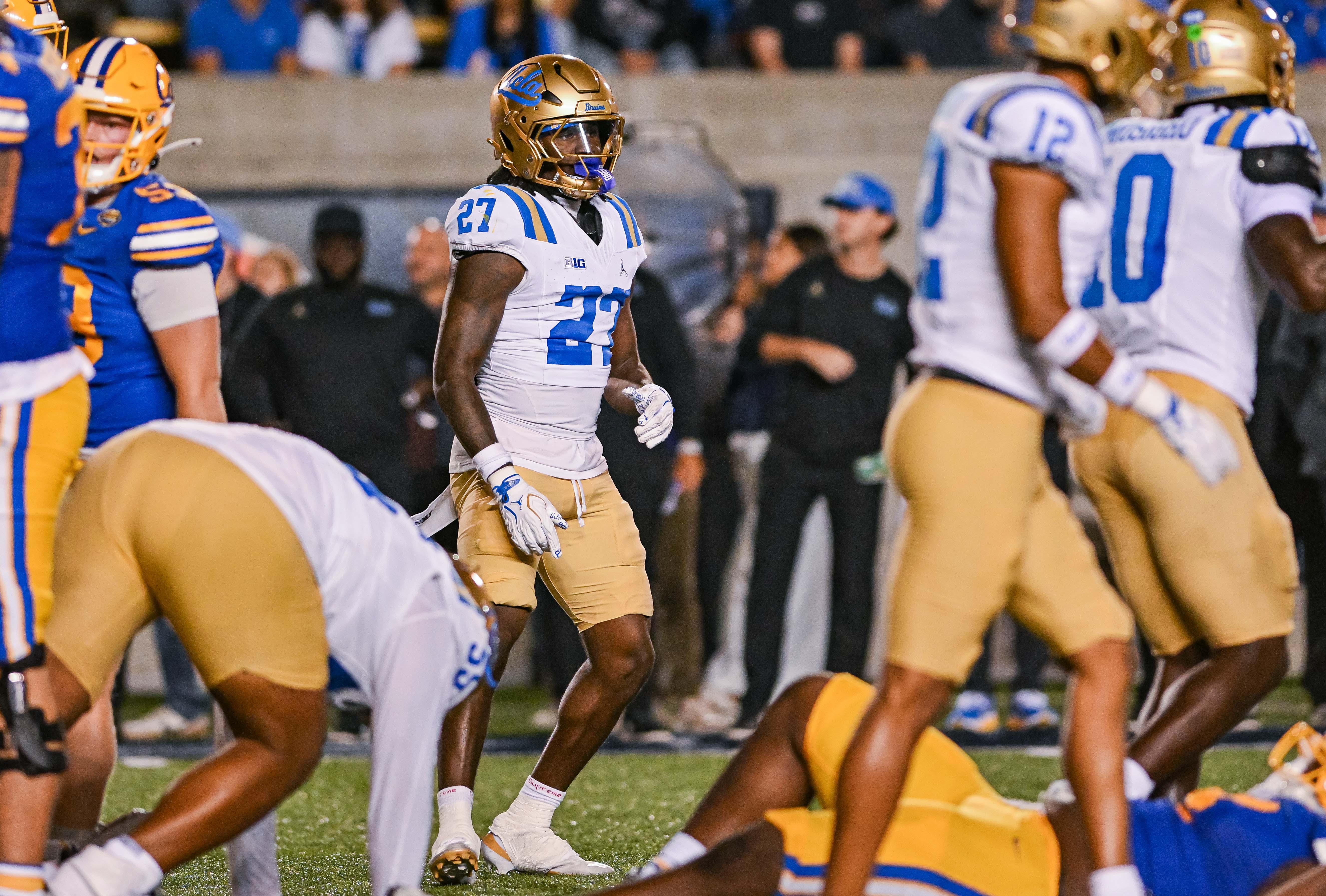 UCLA football senior defensive back Ta'Shawn James walks back to the line after a play during the team’s season opener against California on Saturday, Sept. 5, 2026, at California Memorial Stadium. (Presley Liu/Daily Bruin senior staff)