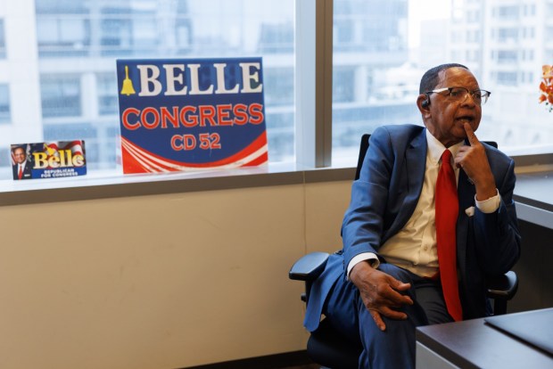 Congressional candidate Jeff Belle speaks during an interview in his campaign office at One America Plaza in downtown San Diego on Thursday, Aug. 20, 2026. (Kristian Carreon / The San Diego Union-Tribune)