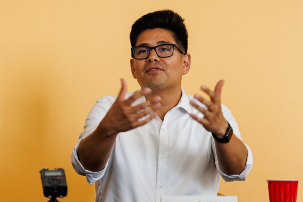 San Diego, California - Gerardo Ramirez, chief of staff of termed-out incumbent Vivian Moreno, speaks during a candidate forum at the Otay Mesa-Nestor Library in Otay Mesa West on Wednesday, Sept. 9, 2026. (Kristian Carreon / The San Diego Union-Tribune)