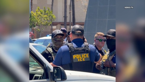 ICE agents try to detain a person in the College Grove shopping center in Oak Park on Aug. 19, 2026. (Sideo TV)