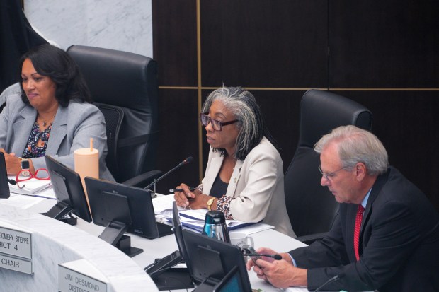 Supervisor Monica Montgomery Steppe had questions for San Diego Sheriff Kelly A. Martinez after she presented updates on commitments to jail improvements during the Board of Supervisors meeting on Tuesday, Sept. 1, 2026, in San Diego. (Nelvin C. Cepeda / The San Diego Union-Tribune)