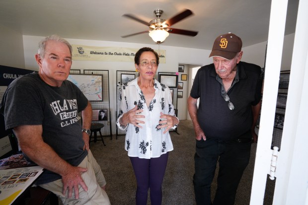 Patricia Aguilar, president, along with board members Steve Wood (l) and Early Jantz (r), spoke with The San Diego Union-Tribune at Chula Vista Museum and History Center on Wednesday, Aug. 26, 2026, in Chula Vista, CA. (Nelvin C. Cepeda / The San Diego Union-Tribune)