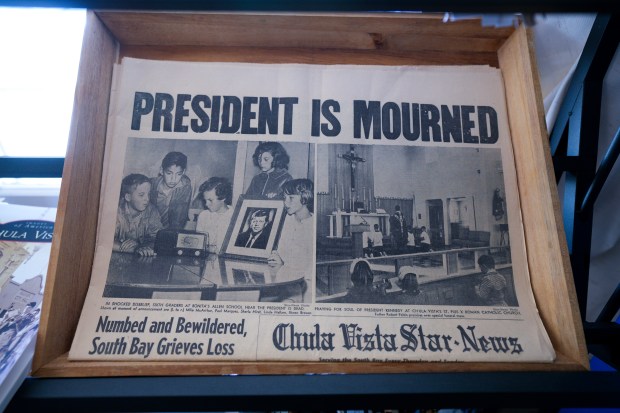 One prominent display at the Chula Vista Museum and History Center in Chula Vista is a front page from the city's local newspaper, the Chula Vista Star-News, with the headline "President is Mourned." (Nelvin C. Cepeda / The San Diego Union-Tribune)
