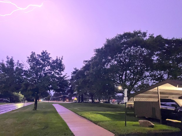 A bolt of lightning illuminates the sky over Roseville near Common and Utica roads on Wednesday night. (MITCH HOTTS -- THE MACOMB DAILY)
