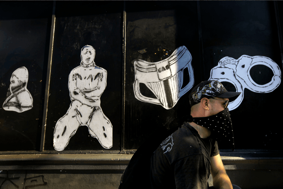 \u200bFetish-themed artwork depicts leather hoods, a jockstrap, and handcuffs in San Francisco.