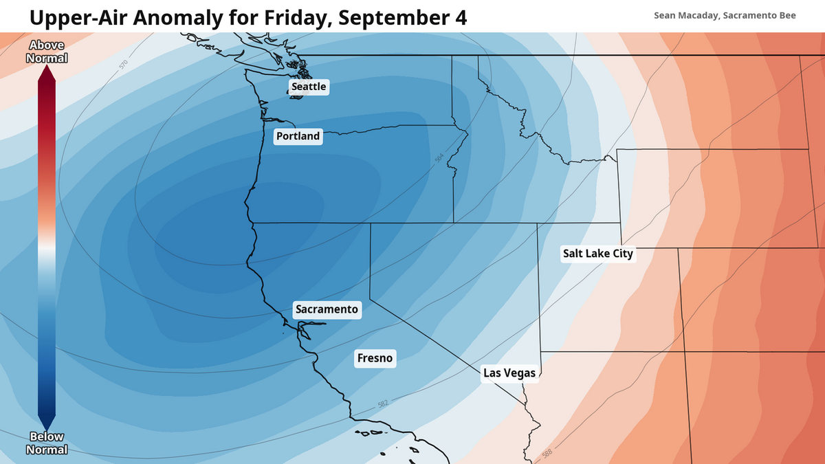 A stubborn trough of low pressure through the upper atmosphere has been responsible for cool temperatures and clouds this week, and will hold in place through Labor Day. A stubborn trough of low pressure through the upper atmosphere has been responsible for cool temperatures and clouds this week, and will hold in place through Labor Day.