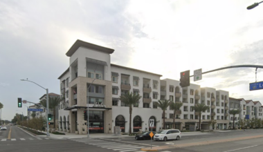 Street corner with modern multi-story building and palm trees, featuring shops and a leasing office below, under a bright, cloudy sky.